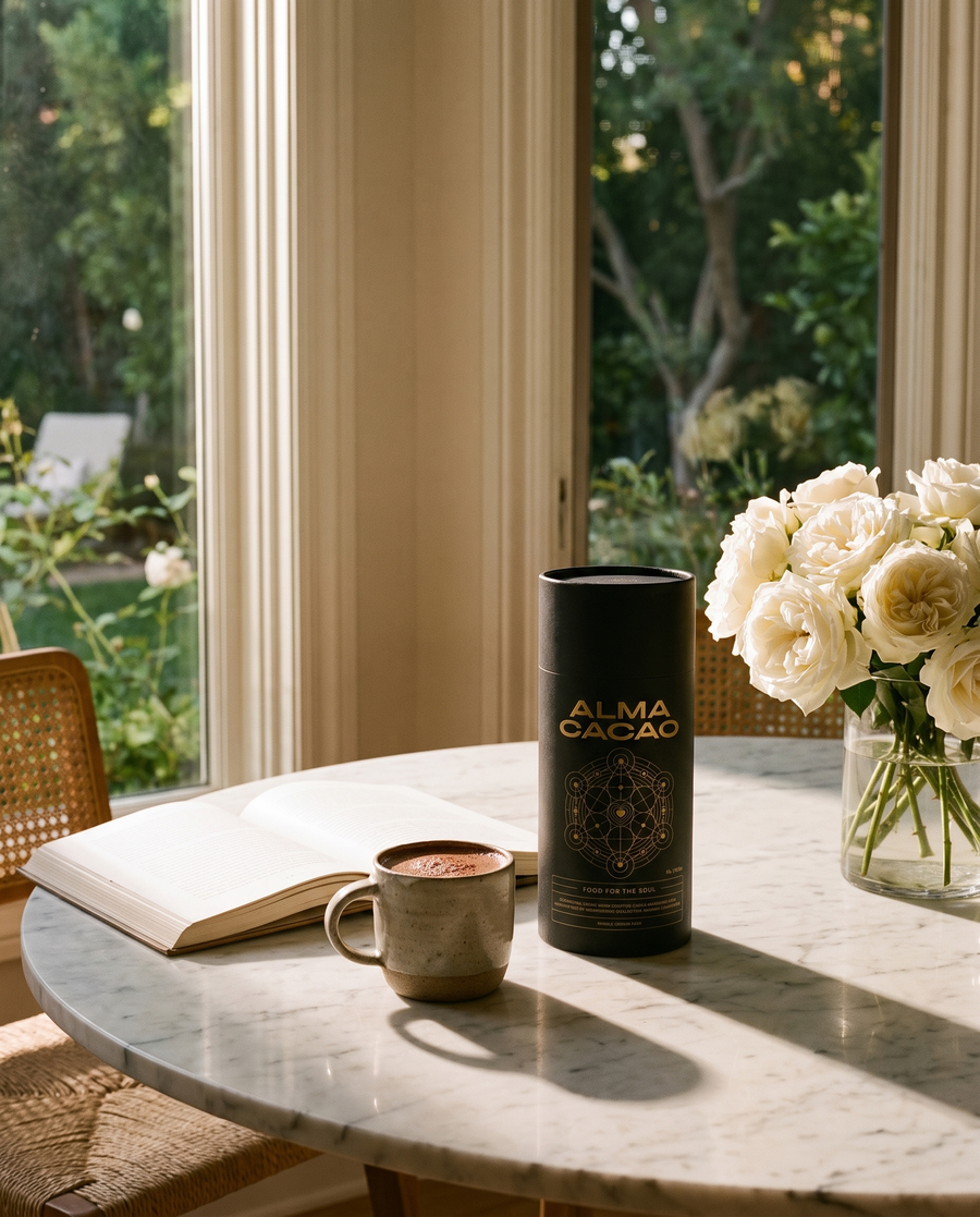 Alma Cacao canister and a mug of ceremonial cacao on a marble table in a Brentwood breakfast nook