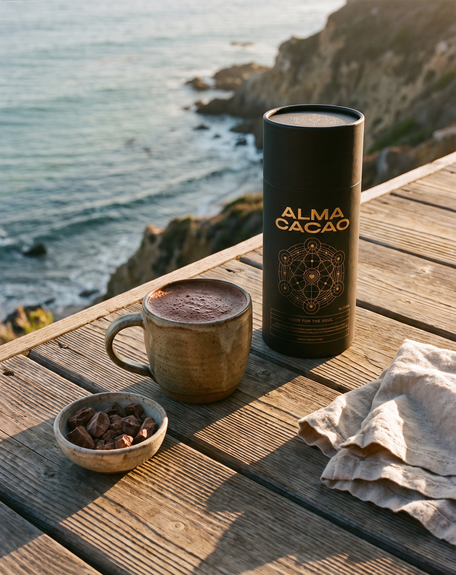 Alma Cacao canister and a mug of ceremonial cacao on a Malibu deck above the ocean