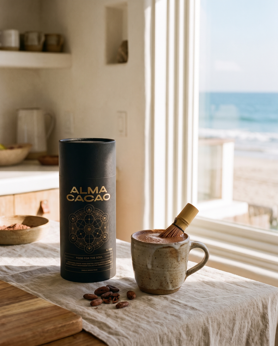 Alma Cacao canister and a mug of ceremonial cacao in a bright Santa Monica beach-house kitchen