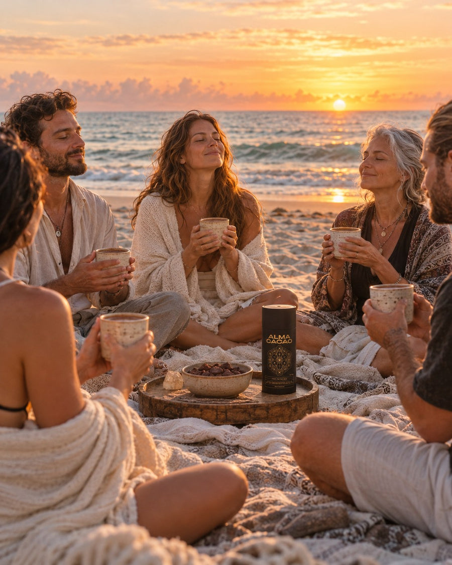 Friends sharing cups of ceremonial cacao in a sunrise circle on Delray Beach
