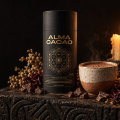 A ceremonial cacao altar with the Alma Cacao tin, a cup and a candle