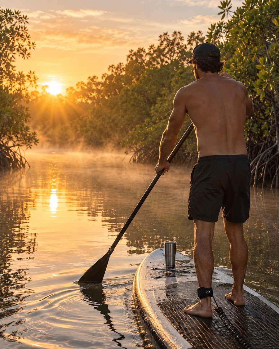 A paddleboarder on the Imperial River in Bonita Springs at sunrise, a travel cup of cacao tucked into the board's bungee