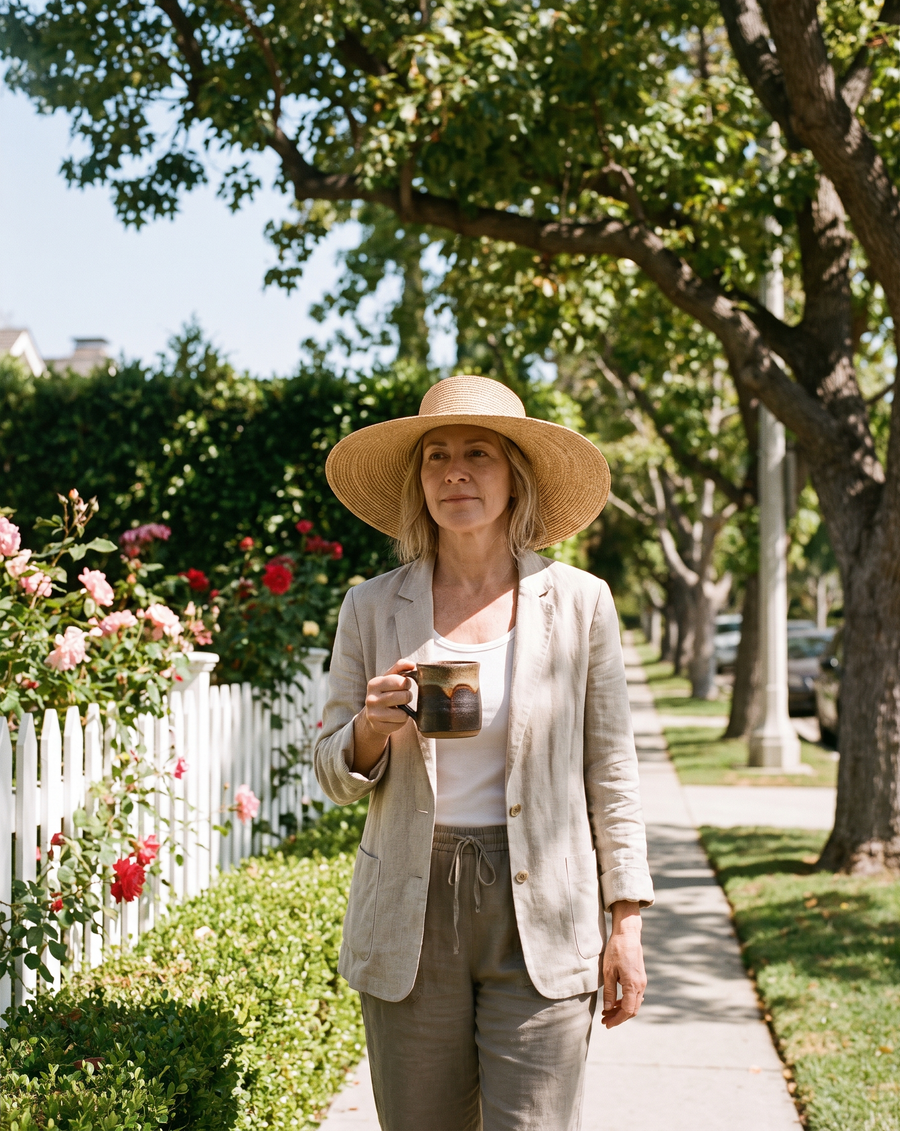 Woman in a sunhat with a mug of ceremonial cacao on a leafy Brentwood street