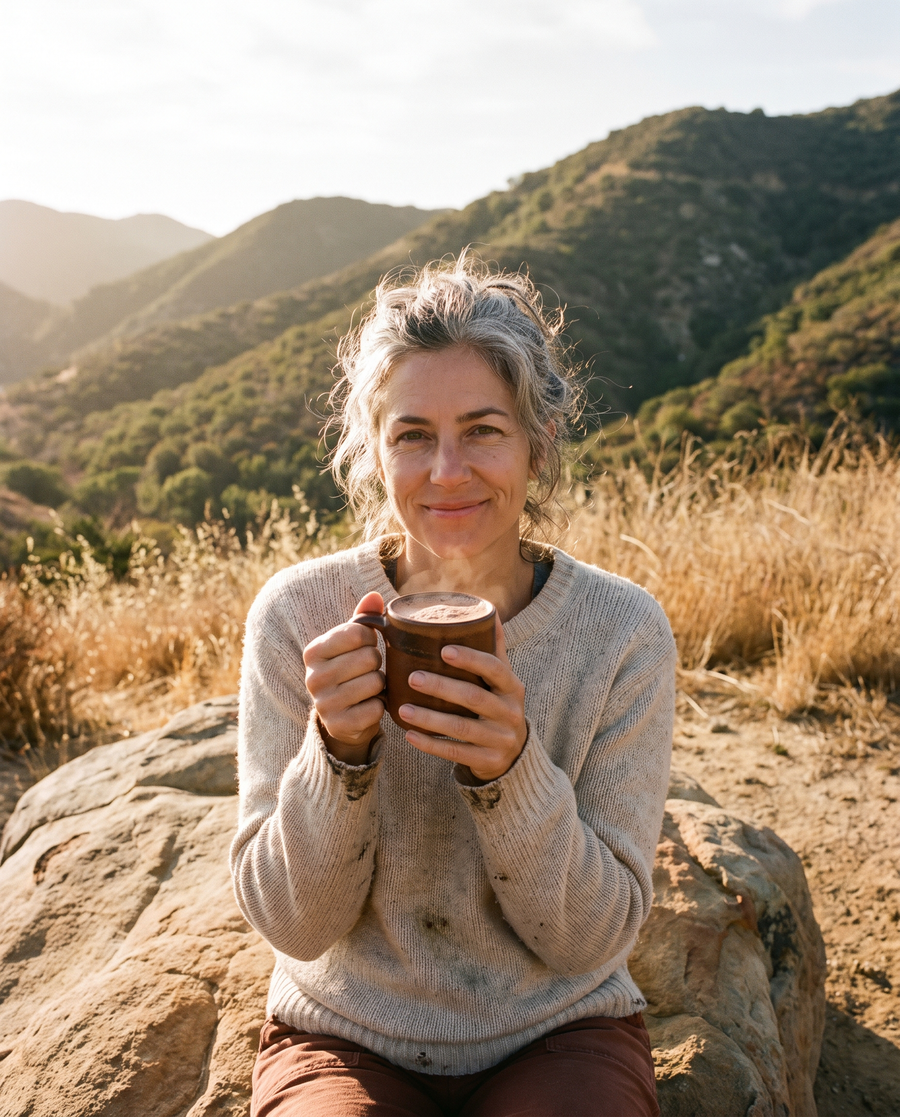 Woman resting with a mug of ceremonial cacao on a Malibu canyon trail at sunrise