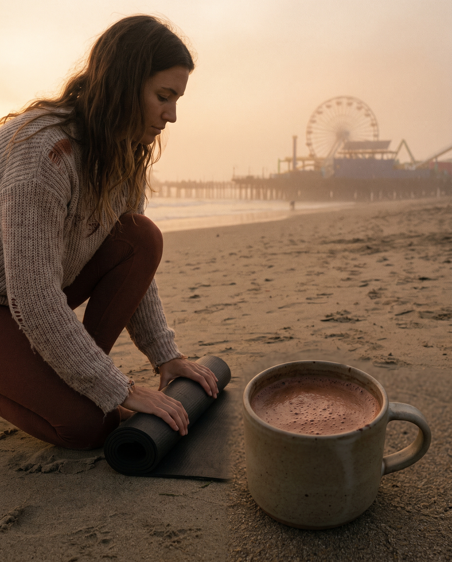 Woman rolling up her yoga mat on Santa Monica beach with a mug of ceremonial cacao, the pier behind