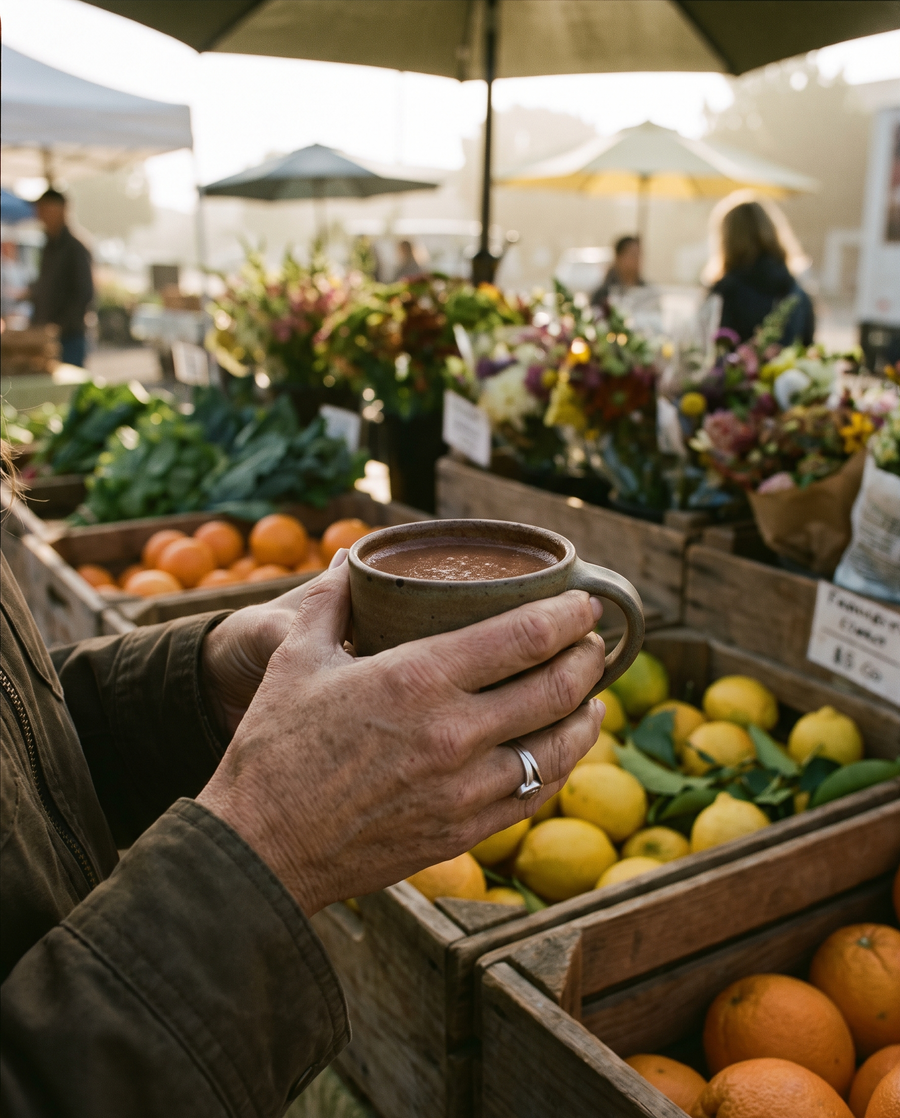 Hands holding a mug of ceremonial cacao at a Santa Monica farmers market