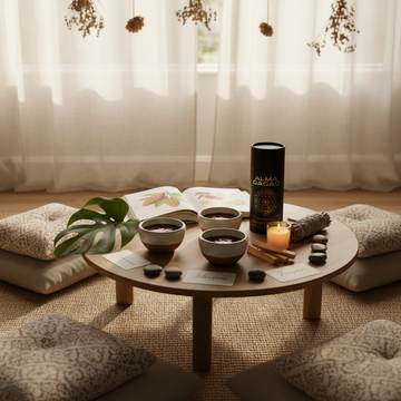 A serene environment where cacao rituals take place, with calming elements and nature.