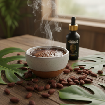 A steaming cup of ceremonial cacao on a rustic wooden table, surrounded by cacao beans and tropical leaves.