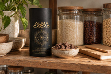 Alma Cacao canister and a dish of whole cacao paste pieces on a pantry shelf, the whole bean alternative to raw cacao powder