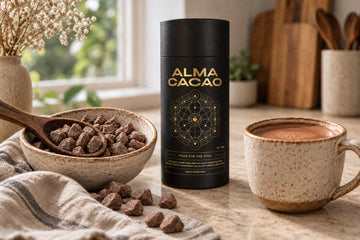 Alma Cacao canister with a bowl of small whole cacao paste pieces and a mug of ceremonial cacao on a kitchen counter