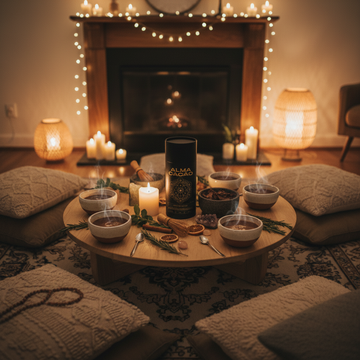 A serene home cacao ceremony setup with inviting decor