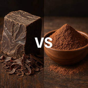 A block of whole cacao paste with shavings beside a bowl of defatted raw cacao powder