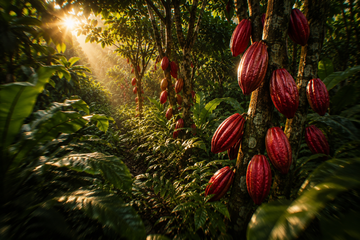 Ripe red cacao pods hanging on trees in a sunlit Peruvian rainforest grove at sunrise