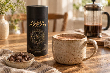 A mug of brewed cacao beside the Alma Cacao canister and a dish of whole cacao paste pieces, with a French press of coffee behind
