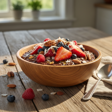 Delicious cacao chia pudding topped with fruits and nuts