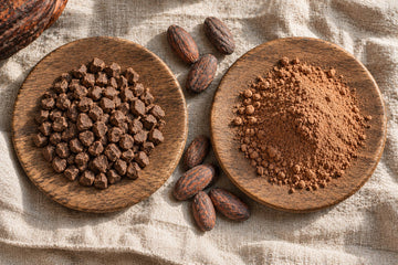Whole cacao paste pieces beside defatted cacao powder with cacao beans between them, comparing forms when choosing the best cacao powder for health