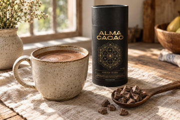 A stoneware mug of freshly whisked ceremonial cacao beside the Alma Cacao canister and a wooden spoon of whole cacao paste pieces