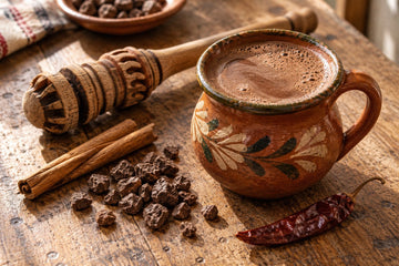 Cinnamon ceremonial cacao frothed in a clay jarrito mug with a molinillo, cinnamon sticks and whole cacao paste pieces