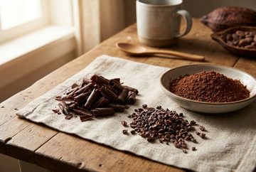 Cacao powder in a bowl next to whole cacao paste curls and nibs