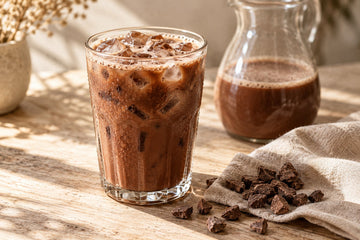 A tall glass of iced ceremonial cacao over ice beside a jug of cacao base and small pieces of whole cacao paste
