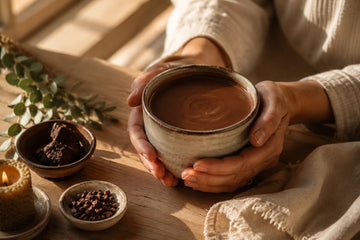 Morning ritual without coffee, a mug of ceremonial cacao in soft morning light