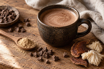A mug of mushroom cacao beside a spoon of mushroom extract powder, dried reishi and lion's mane and whole cacao paste pieces