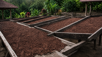 Cacao beans drying on wooden beds at a small batch ceremonial cacao farm in Peru
