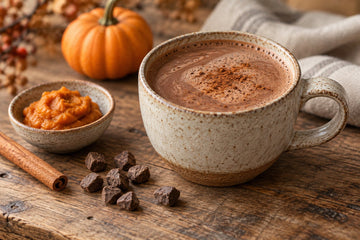 A mug of pumpkin spice ceremonial cacao dusted with cinnamon beside a bowl of pumpkin puree and whole cacao paste pieces