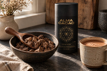 A wooden scoop of whole cacao paste pieces in a stoneware bowl beside the Alma Cacao canister and a mug of cacao