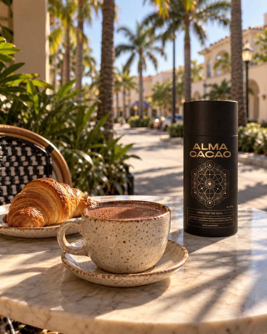 A cup of ceremonial cacao and a croissant beside the Alma Cacao canister on a sunny café table in Bonita Springs