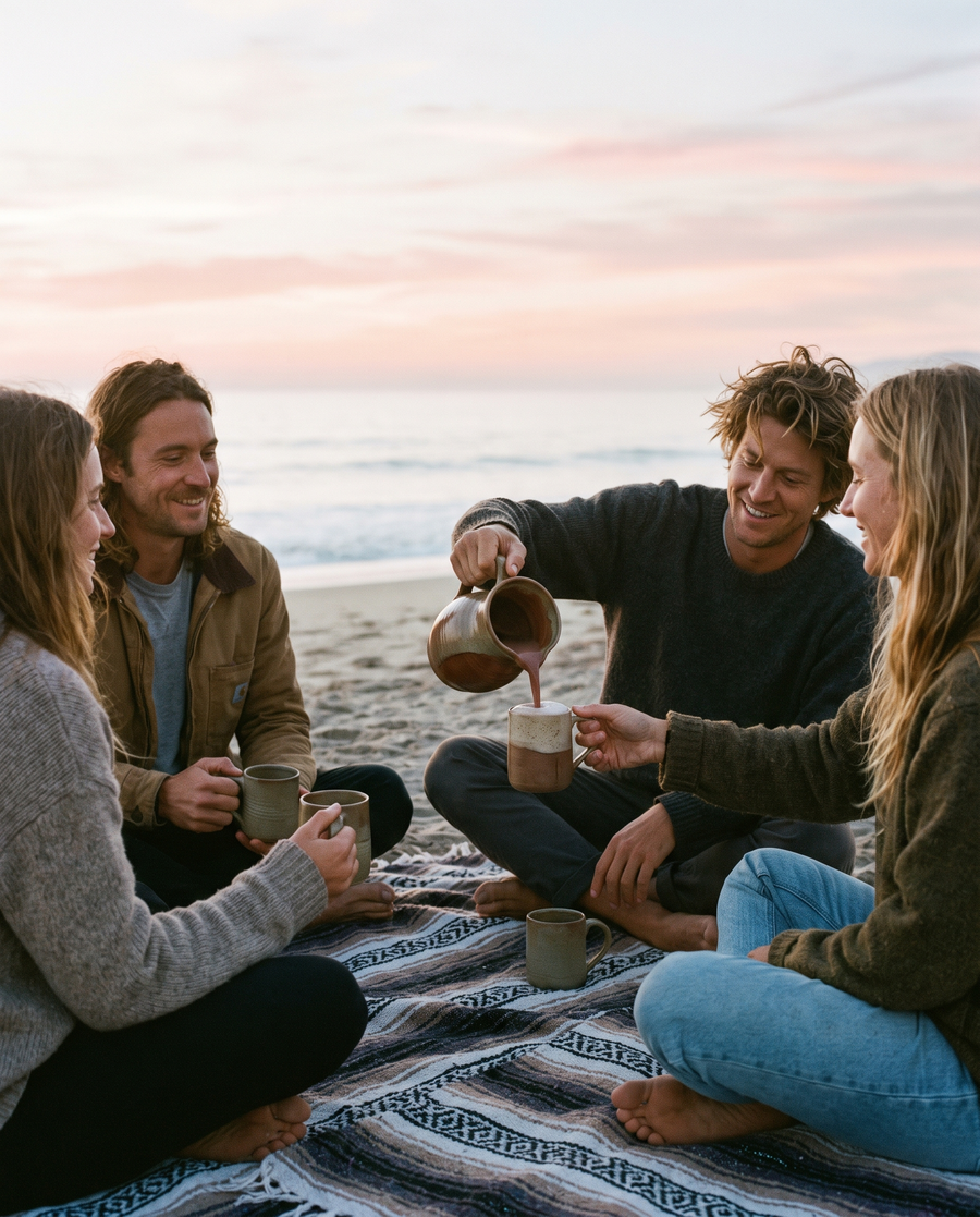 Friends sharing ceremonial cacao on blankets on Venice Beach at sunrise