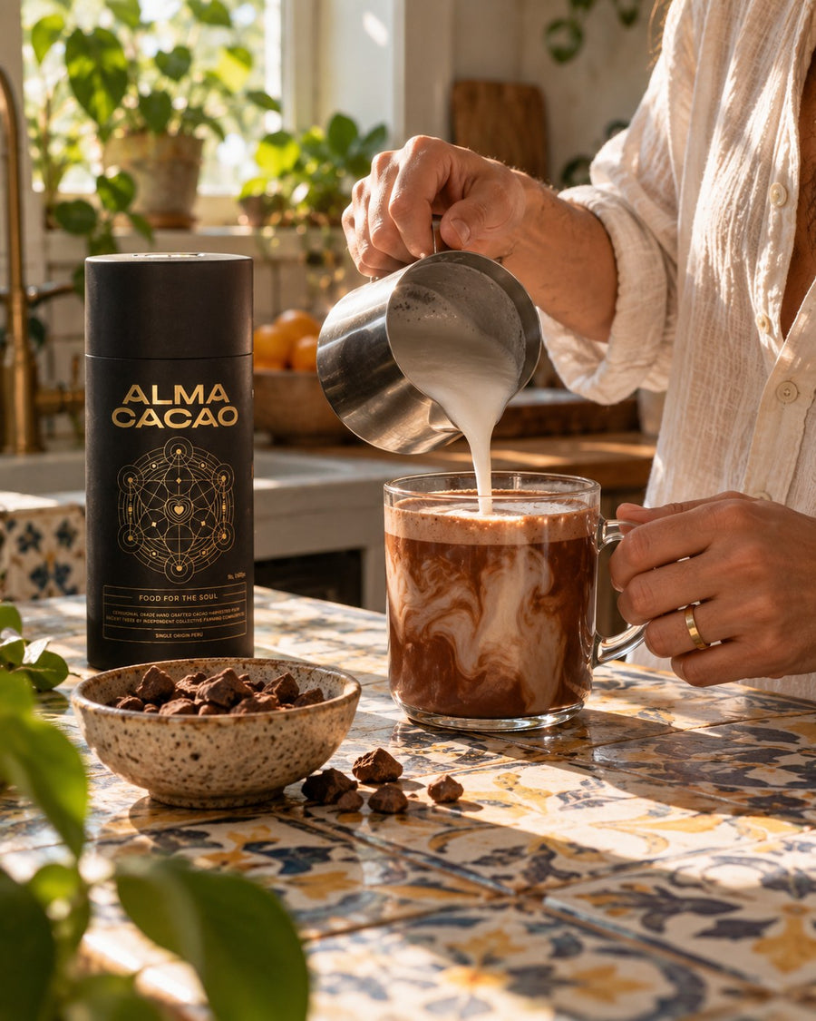 Steamed milk poured into a glass of cacao con leche on a tiled Tampa kitchen counter, next to the Alma Cacao canister and a bowl of cacao pieces