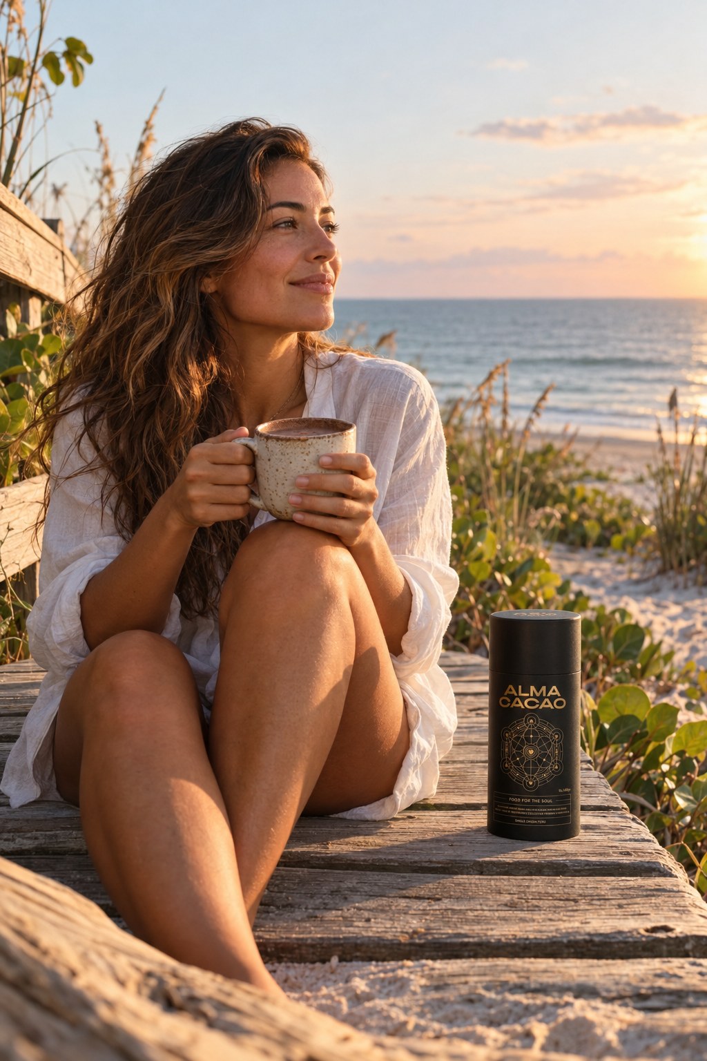 A woman sipping ceremonial cacao on a beach boardwalk in Bonita Springs at sunset, a canister of Alma Cacao beside her