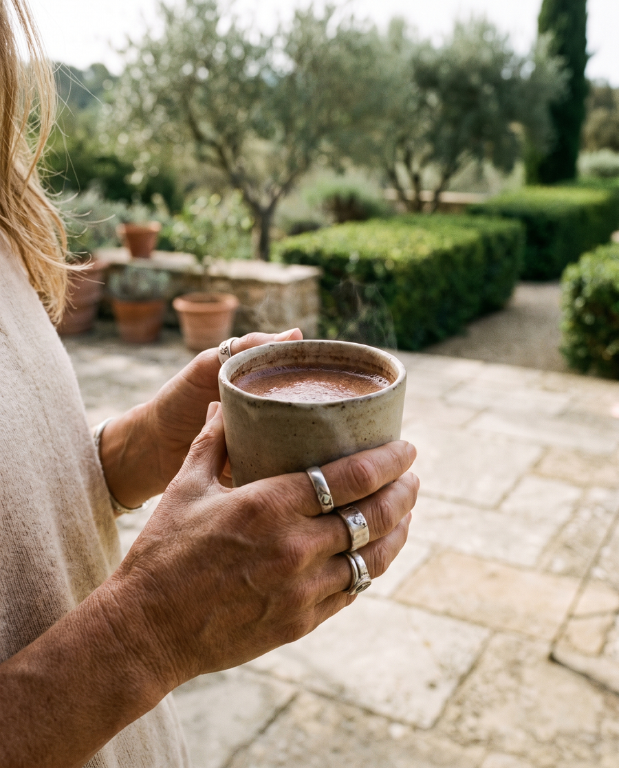 Hands cradling a mug of ceremonial cacao on a garden terrace
