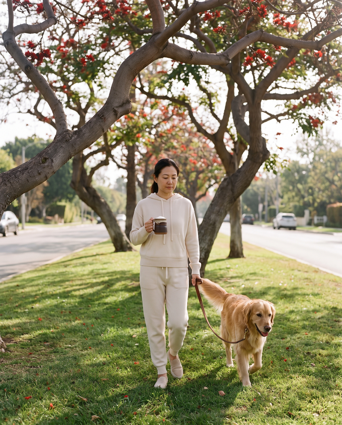 Woman walking her golden retriever with a mug of ceremonial cacao under the coral trees on San Vicente Boulevard