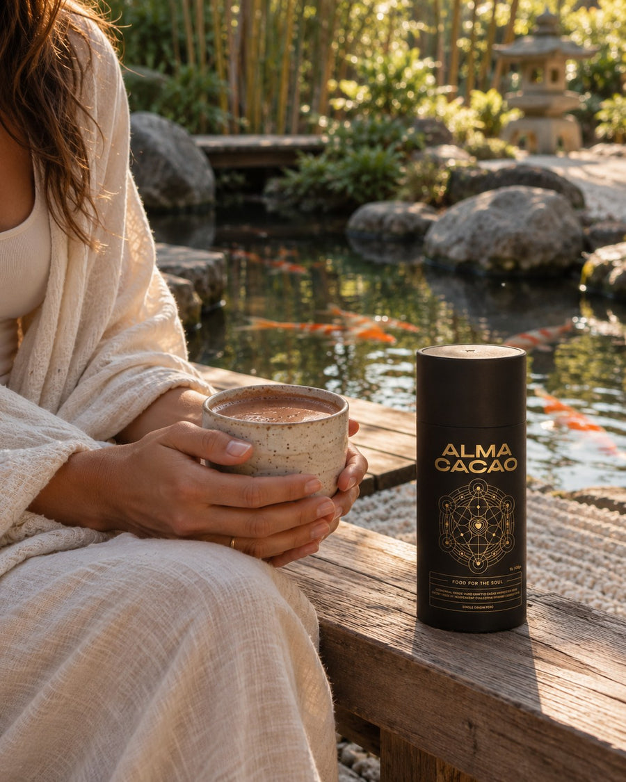 A woman holding a cup of ceremonial cacao beside a koi pond in a Japanese garden in Delray Beach, with the Alma Cacao canister