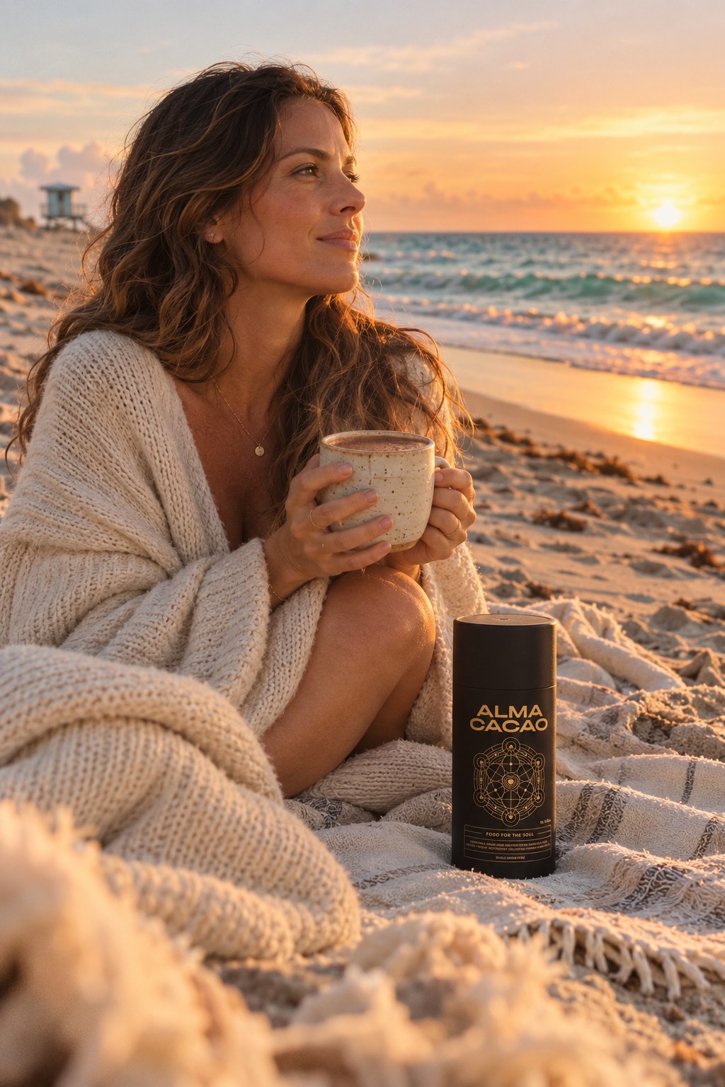 A woman wrapped in a knit blanket holding a cup of ceremonial cacao on Delray Beach at sunrise, the Alma Cacao canister beside her