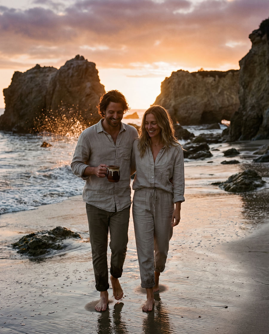 Couple walking a Malibu beach at sunset with a mug of ceremonial cacao