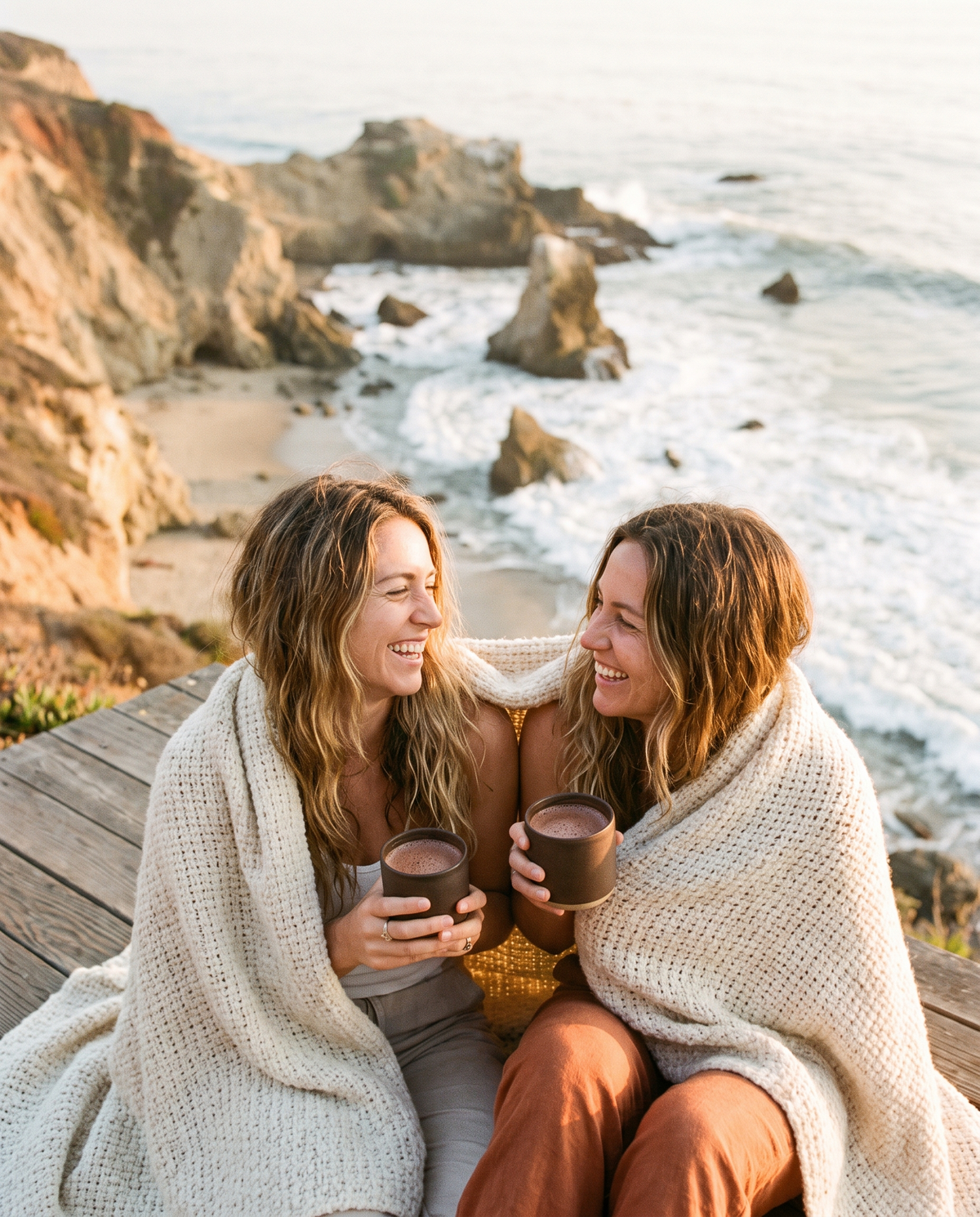 Two friends wrapped in a blanket sharing ceremonial cacao on a cliffside deck in Malibu