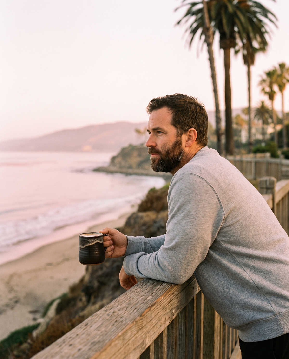 Man with a mug of ceremonial cacao at the Palisades Park railing above the Santa Monica coast