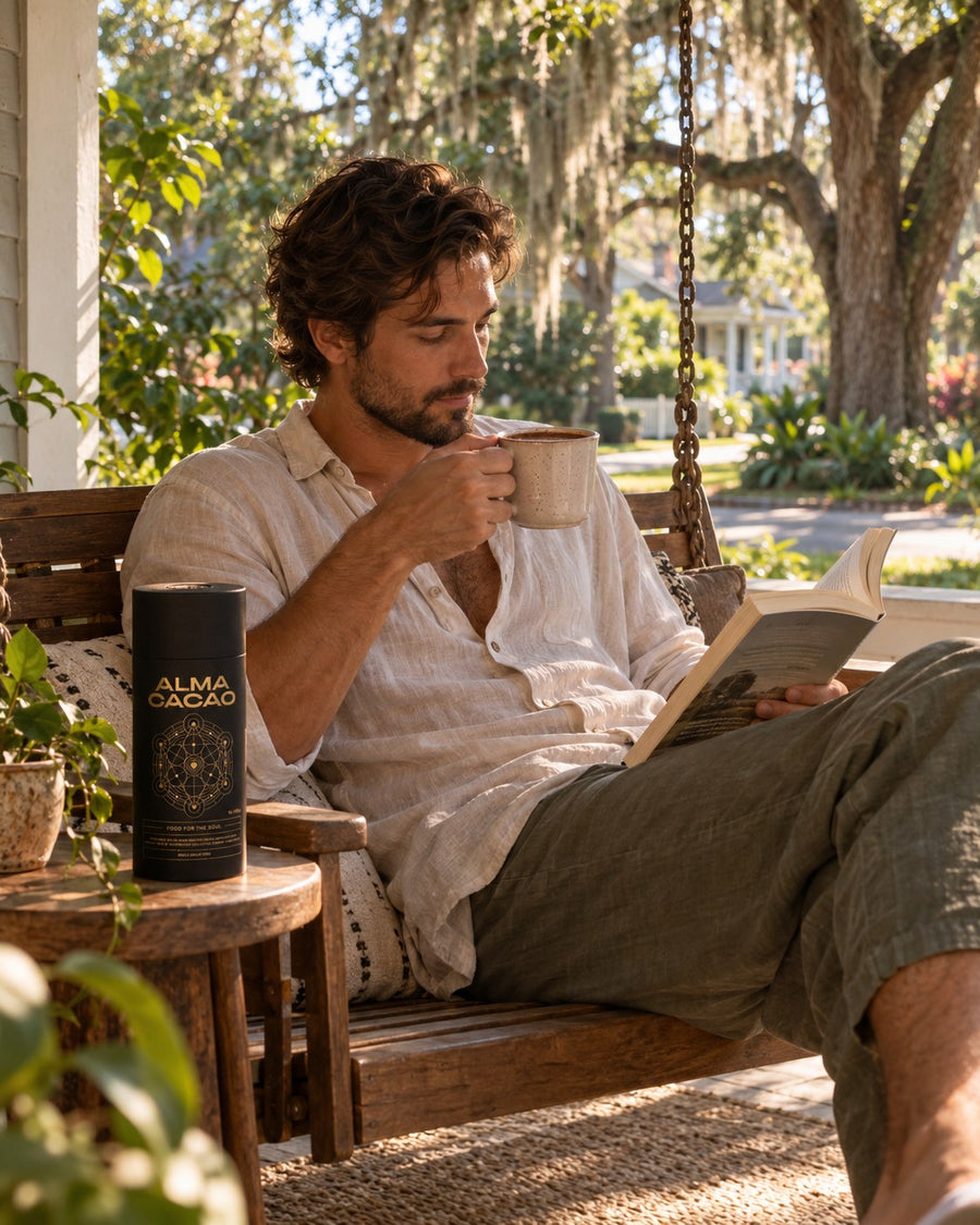 A man reading on a porch in Seminole Heights, Tampa, with a mug of ceremonial cacao and the Alma Cacao canister beside him