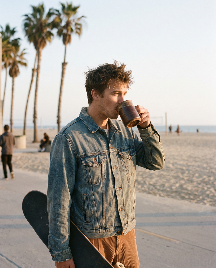 Skater sipping ceremonial cacao on the Venice Beach boardwalk in the morning