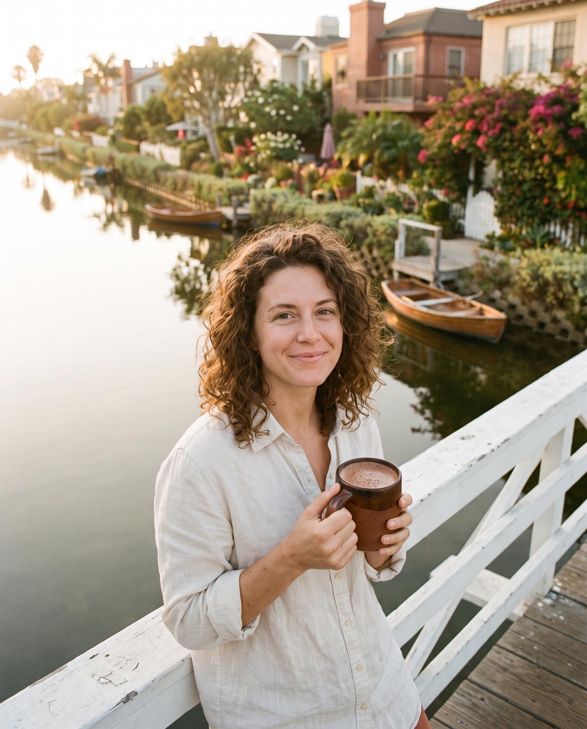 Woman holding a mug of ceremonial cacao on a footbridge over the Venice Canals at sunrise