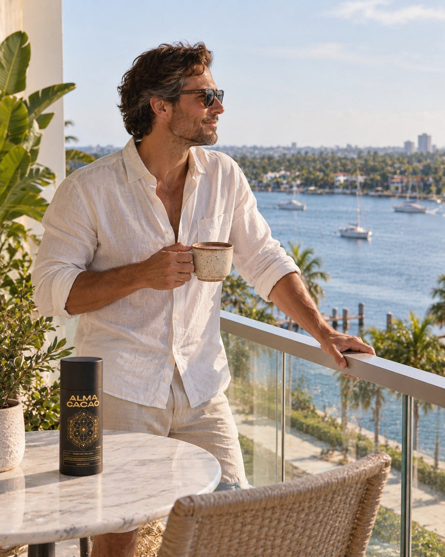 A man sipping ceremonial cacao on a West Palm Beach balcony over the Intracoastal, the Alma Cacao canister on the table