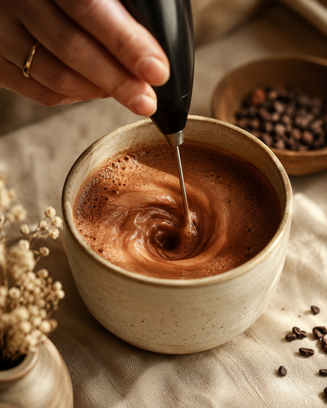Frothing ceremonial cacao in a ceramic cup
