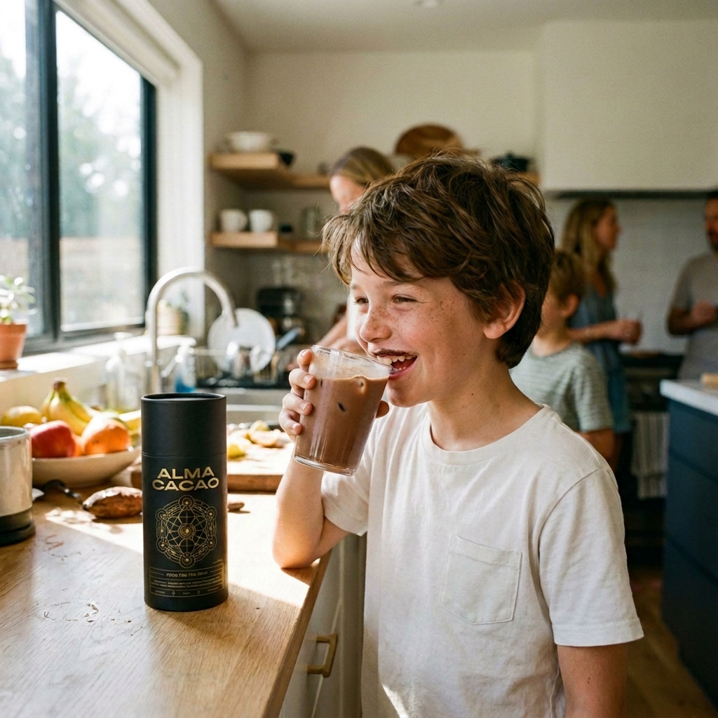 Kid enjoying iced cacao, a drink for the whole family