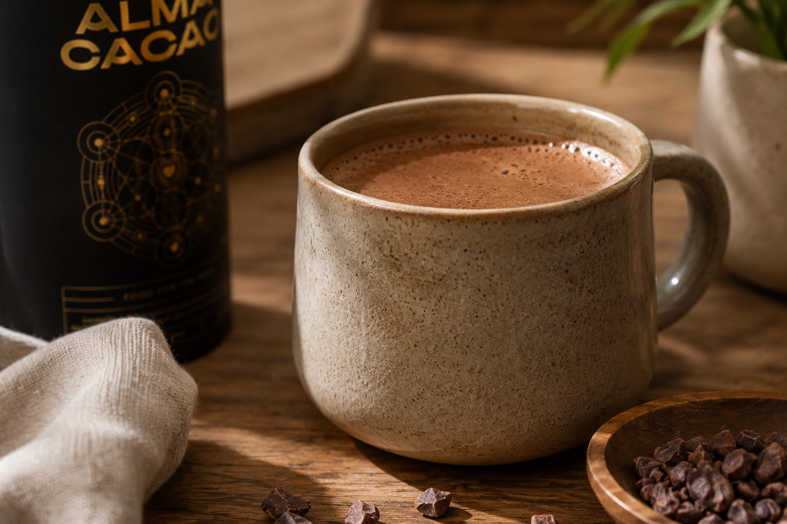 Cacao mug with Alma Cacao canister and cacao pieces