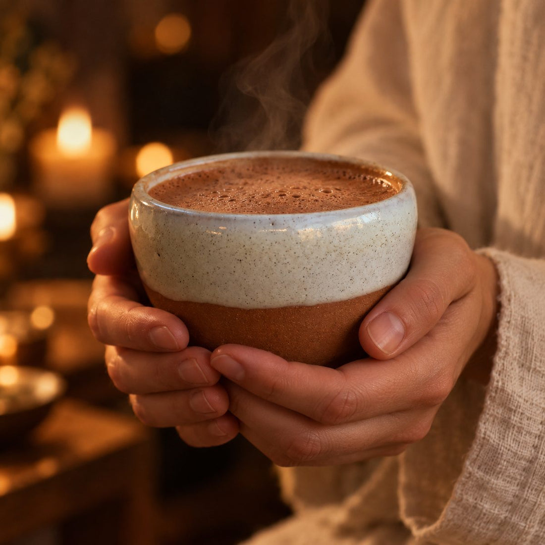 Hands holding a warm cup of ceremonial cacao by candlelight