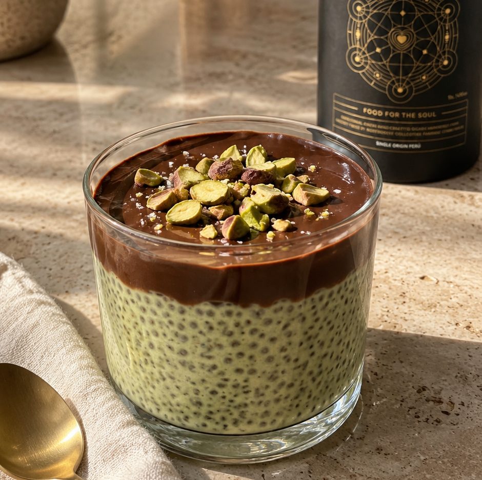 Matcha chia pudding topped with a pure cacao shell